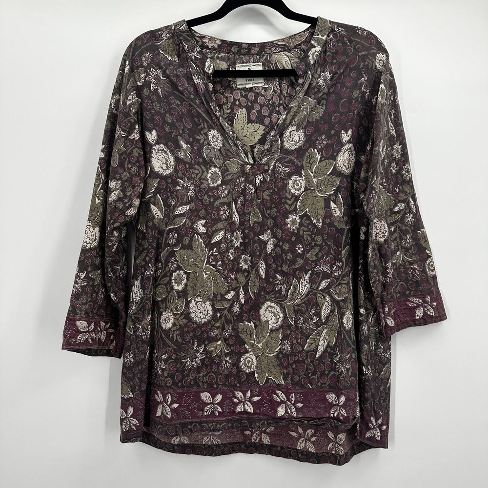 Bsbee Top Womens‎ Medium Floral Print 3/4 Sleeve Handmade Khadi Cotton Boho